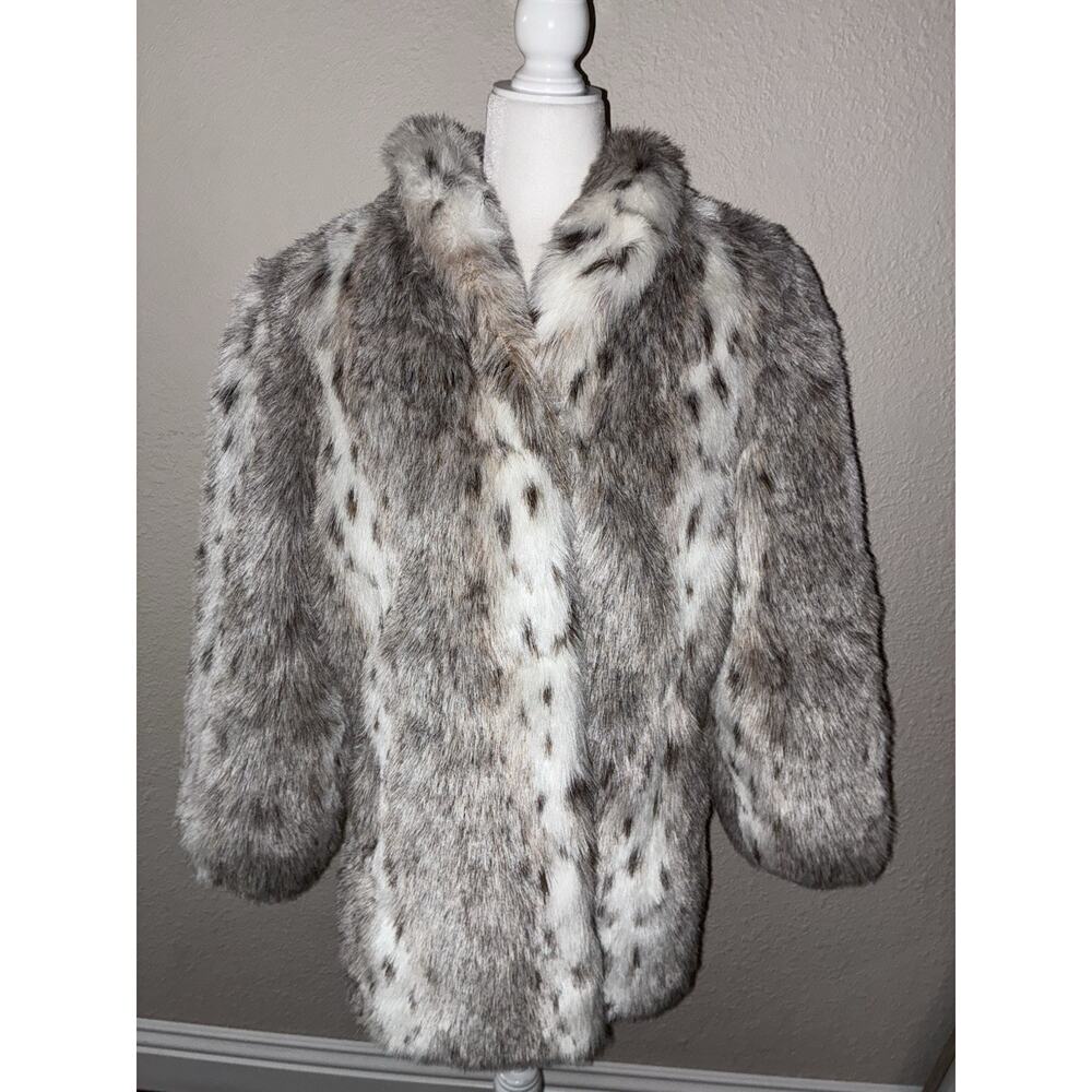 Vintage Style VI Ltd. Coat S Faux Fur Snow Leopard Lined Jacket White Brown